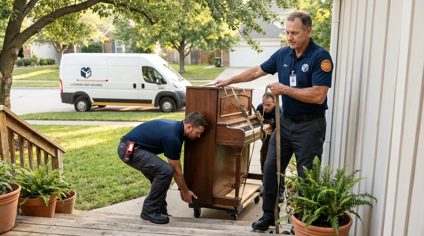 Licensed piano movers securing grand piano in Hollis, NH