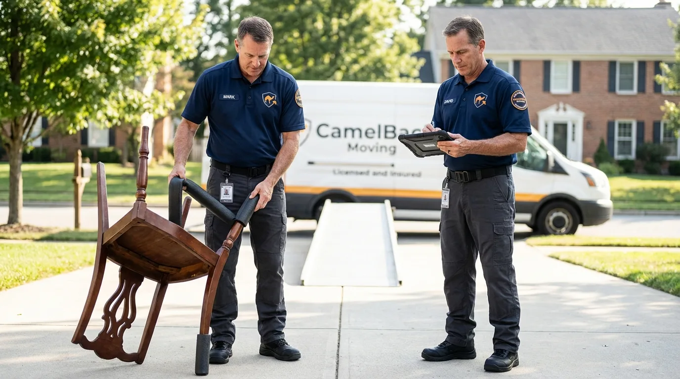 Movers inspecting furniture for damage prevention before loading in Hollis, NH