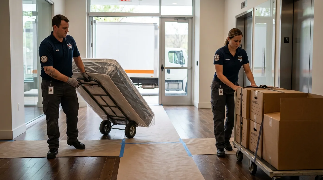 Professional apartment movers loading elevator in Hollis, NH