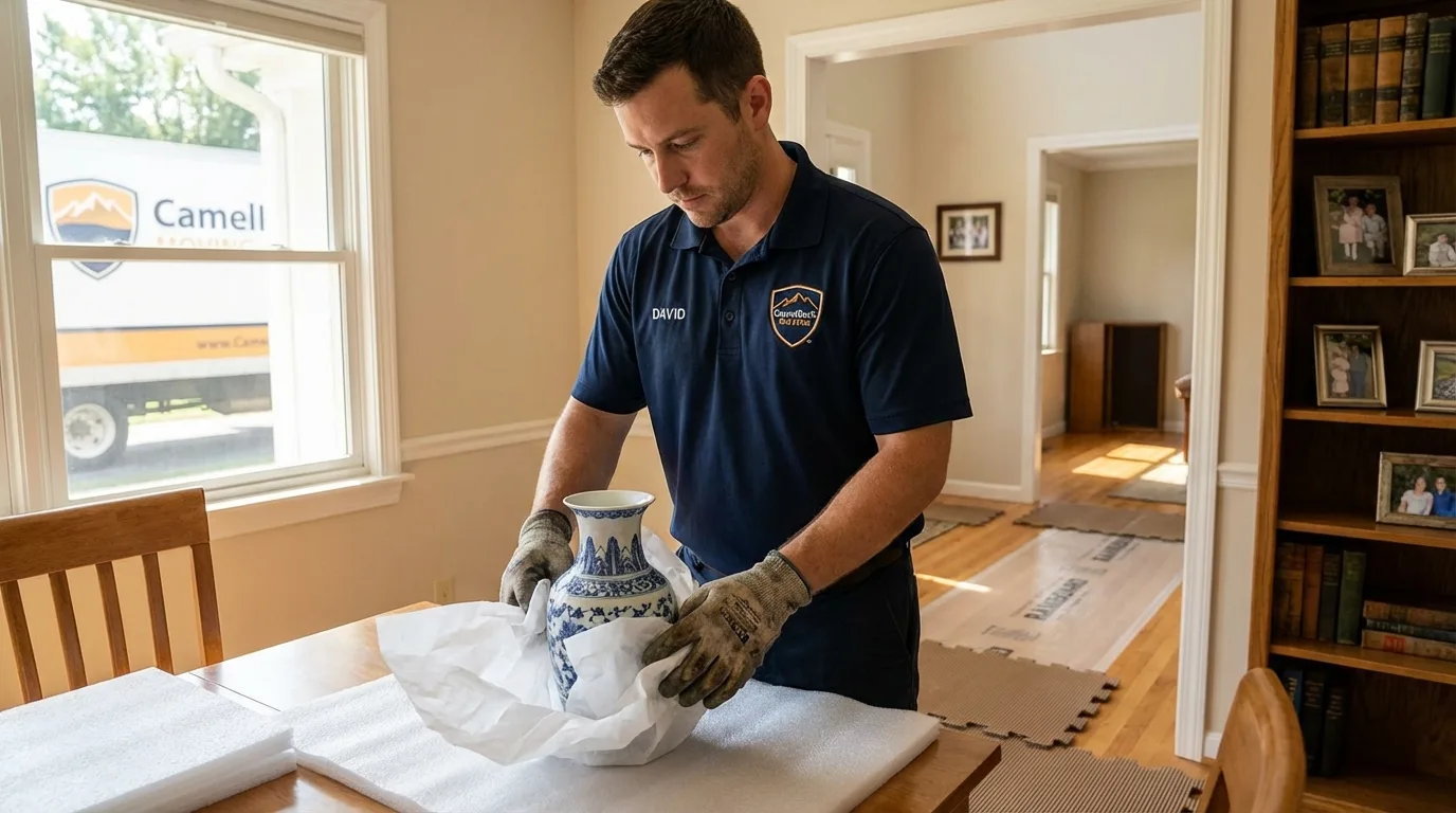 Professional crew carefully wrapping antique vase for senior downsizing move in Hollis, NH